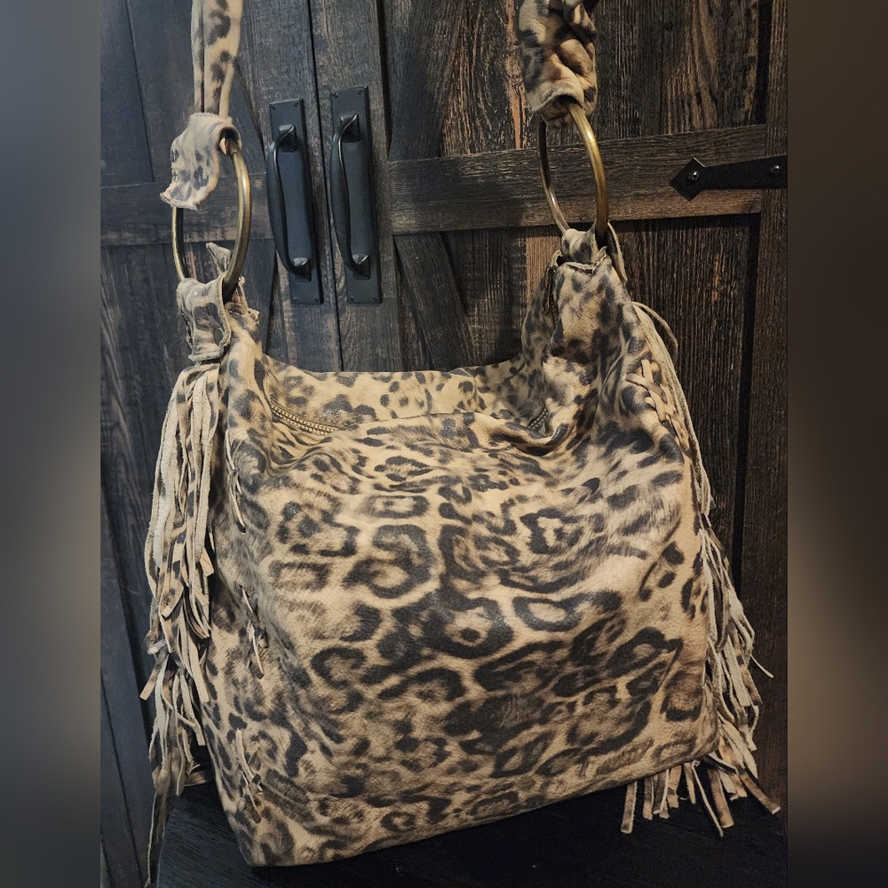 Leather Leopard Print Fringe Women's Bag - Picture 3 of 16
